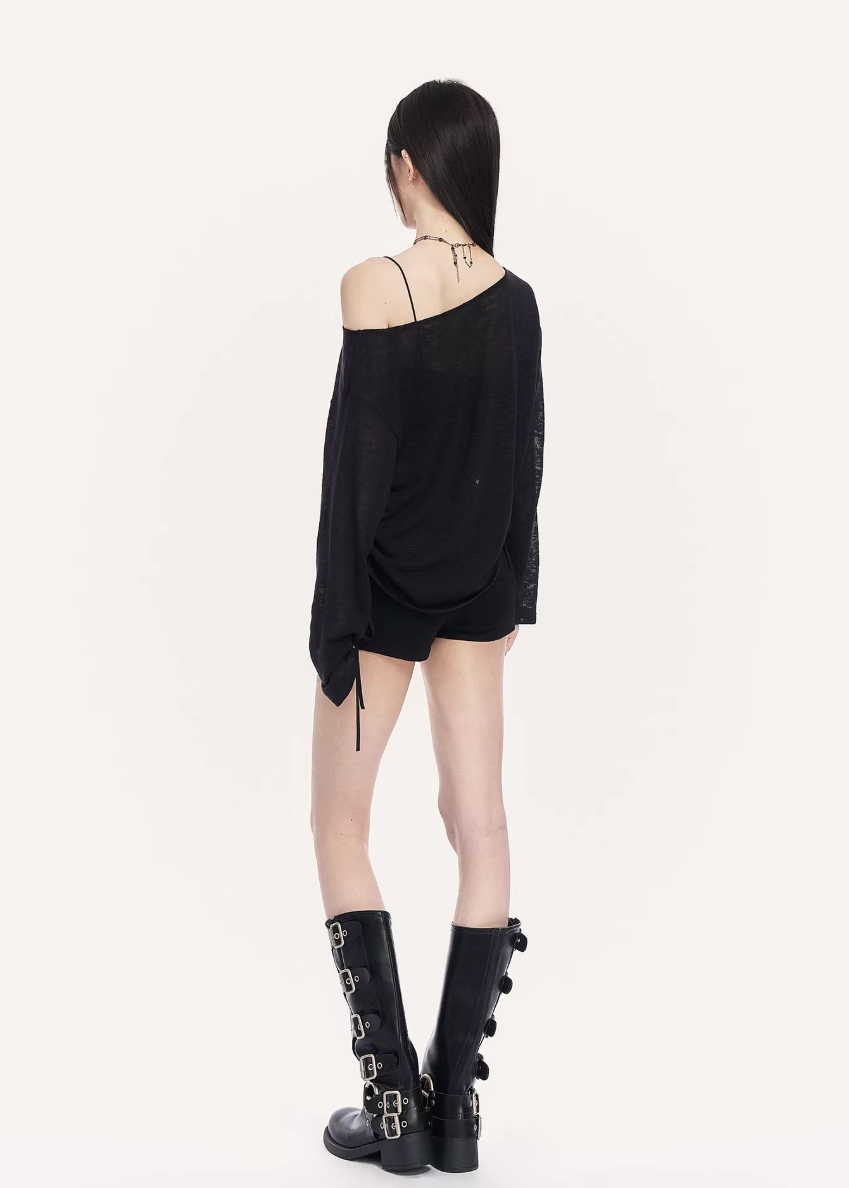 VOCK sheer streetwear top, urban minimal mesh long sleeve, off shoulder graphic tee women, Korean street fashion sheer top, minimalist power dressing womenswear, layered mesh streetwear top, cold urban aesthetic clothing, lightweight sunscreen cover top women, edgy off shoulder street top, modern Seoul street style womenswear, sleek graphic letter print shirt, urban fashion layering piece, VOCK minimal silhouette top, structured streetwear long sleeve
