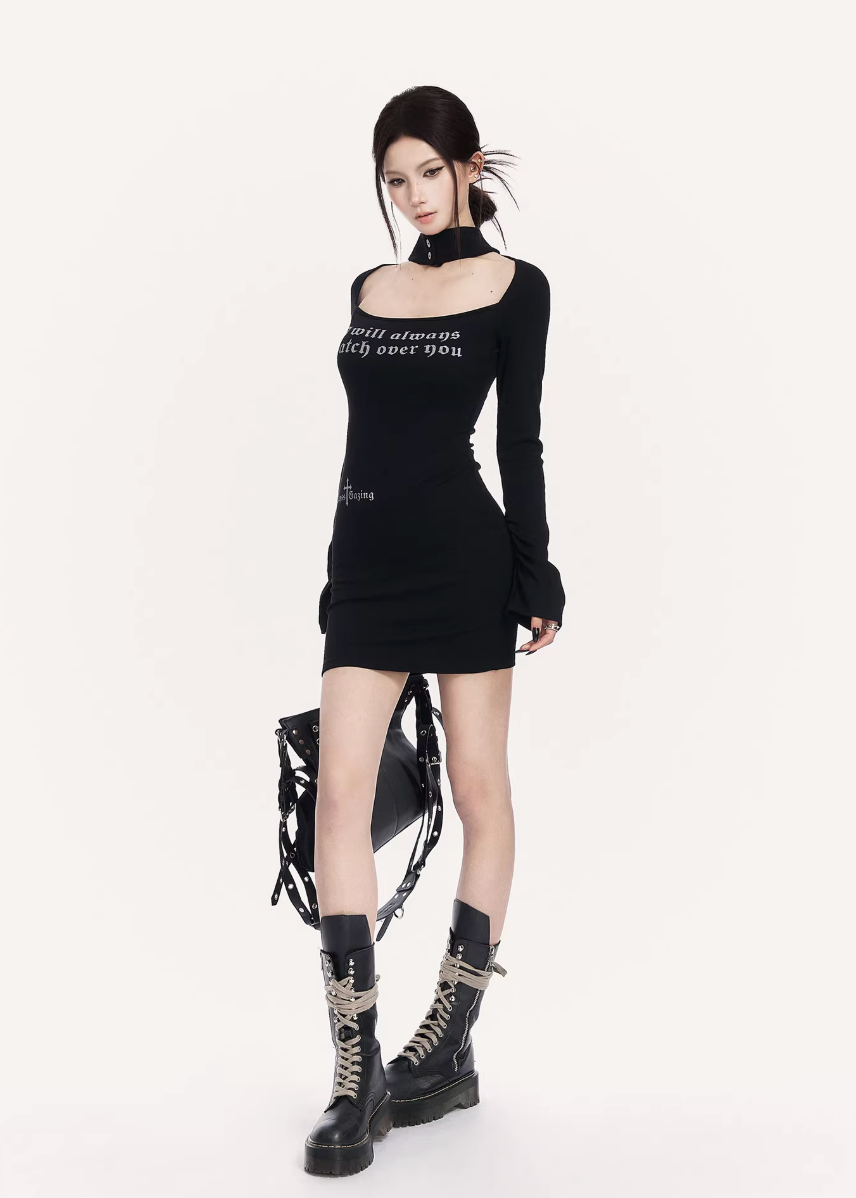 VOCK bodycon mini dress women, urban stretch hip dress, minimalist letter print dress, Korean street luxury bodycon, cold urban aesthetic womenswear, cutout neck bodycon dress, sleek monochrome mini dress, modern Seoul street style outfit, VOCK structured silhouette dress, edgy graphic long sleeve dress, power dressing mini dress women, architectural bodycon fashion, sharp urban streetwear dress
