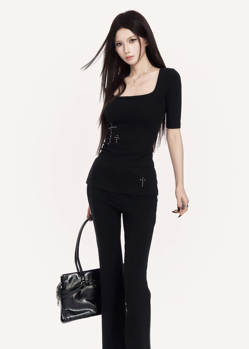 VOCK flared trousers set women, urban studded knit top, minimalist low rise flare pants, Korean street luxury outfit, cold urban aesthetic womenswear, sleek monochrome streetwear set, modern Seoul street style trousers, structured slim fit knit top, VOCK power dressing outfit, architectural silhouette streetwear, edgy minimalist flare pants women, urban fitted T-shirt set, clean line street fashion ensemble