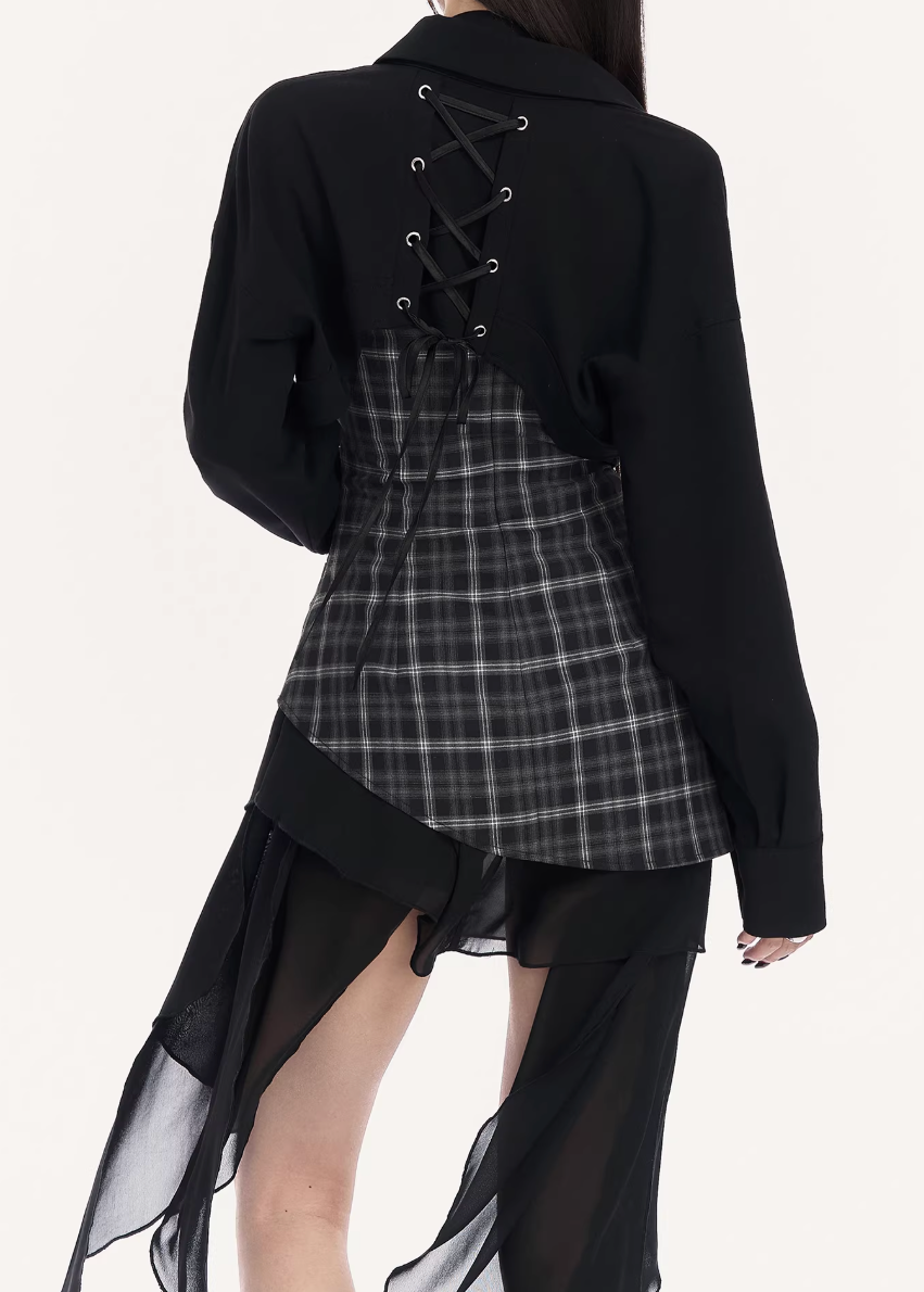 VOCK lace up cropped shirt women, urban structured layering top, minimalist corset back shirt, Korean street luxury cropped jacket, cold urban aesthetic womenswear, architectural silhouette shirt, modern Seoul street style layering piece, curved hem cropped top women, VOCK precision cut shirt, edgy lace up back fashion top, structured monochrome streetwear, power dressing cropped shirt women