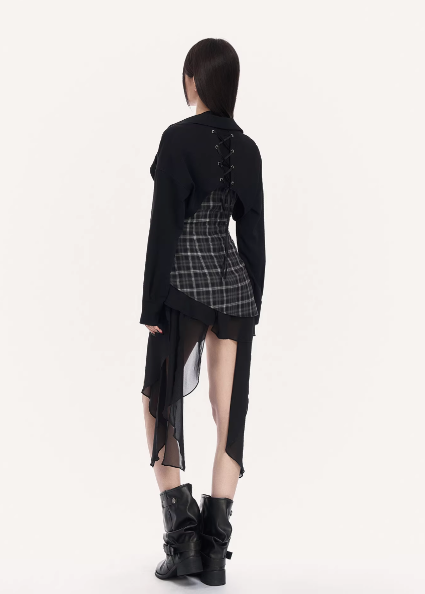 VOCK lace up cropped shirt women, urban structured layering top, minimalist corset back shirt, Korean street luxury cropped jacket, cold urban aesthetic womenswear, architectural silhouette shirt, modern Seoul street style layering piece, curved hem cropped top women, VOCK precision cut shirt, edgy lace up back fashion top, structured monochrome streetwear, power dressing cropped shirt women