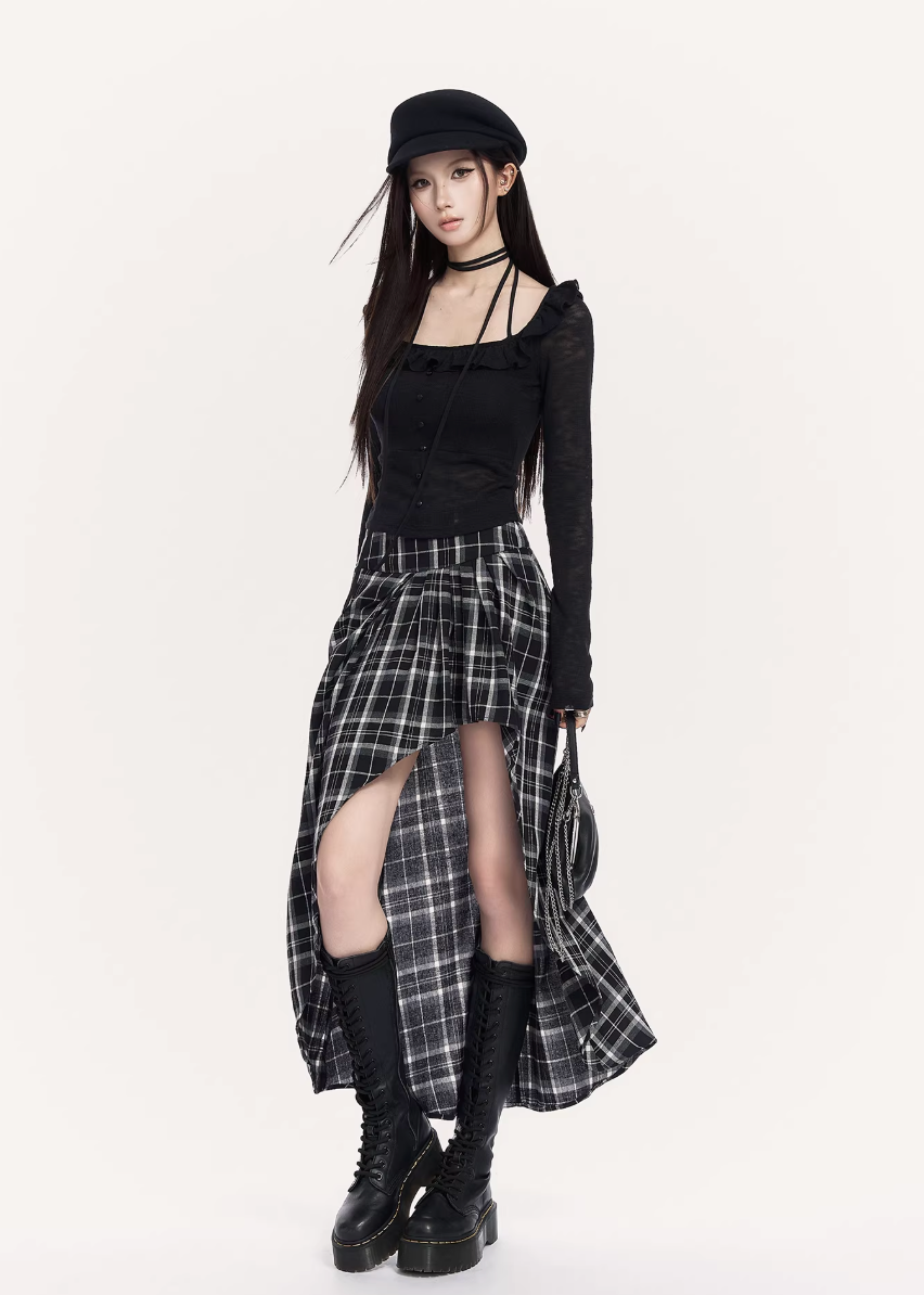 VOCK plaid maxi skirt women, urban asymmetric long skirt, minimalist black white check skirt, Korean street luxury maxi skirt, cold urban aesthetic womenswear, architectural curved hem skirt, modern Seoul street style plaid skirt, integrated shorts long skirt women, VOCK structured silhouette skirt, edgy monochrome streetwear skirt, power dressing plaid maxi outfit