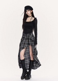 VOCK plaid maxi skirt women, urban asymmetric long skirt, minimalist black white check skirt, Korean street luxury maxi skirt, cold urban aesthetic womenswear, architectural curved hem skirt, modern Seoul street style plaid skirt, integrated shorts long skirt women, VOCK structured silhouette skirt, edgy monochrome streetwear skirt, power dressing plaid maxi outfit