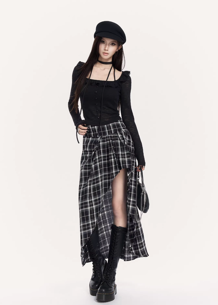 VOCK plaid maxi skirt women, urban asymmetric long skirt, minimalist black white check skirt, Korean street luxury maxi skirt, cold urban aesthetic womenswear, architectural curved hem skirt, modern Seoul street style plaid skirt, integrated shorts long skirt women, VOCK structured silhouette skirt, edgy monochrome streetwear skirt, power dressing plaid maxi outfit