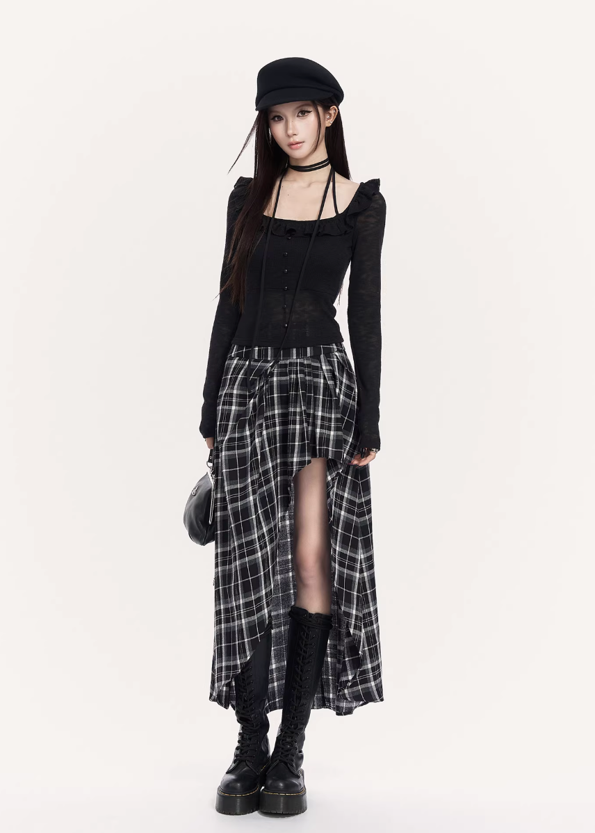 VOCK plaid maxi skirt women, urban asymmetric long skirt, minimalist black white check skirt, Korean street luxury maxi skirt, cold urban aesthetic womenswear, architectural curved hem skirt, modern Seoul street style plaid skirt, integrated shorts long skirt women, VOCK structured silhouette skirt, edgy monochrome streetwear skirt, power dressing plaid maxi outfit