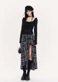 VOCK plaid maxi skirt women, urban asymmetric long skirt, minimalist black white check skirt, Korean street luxury maxi skirt, cold urban aesthetic womenswear, architectural curved hem skirt, modern Seoul street style plaid skirt, integrated shorts long skirt women, VOCK structured silhouette skirt, edgy monochrome streetwear skirt, power dressing plaid maxi outfit