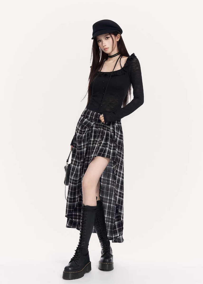 VOCK plaid maxi skirt women, urban asymmetric long skirt, minimalist black white check skirt, Korean street luxury maxi skirt, cold urban aesthetic womenswear, architectural curved hem skirt, modern Seoul street style plaid skirt, integrated shorts long skirt women, VOCK structured silhouette skirt, edgy monochrome streetwear skirt, power dressing plaid maxi outfit