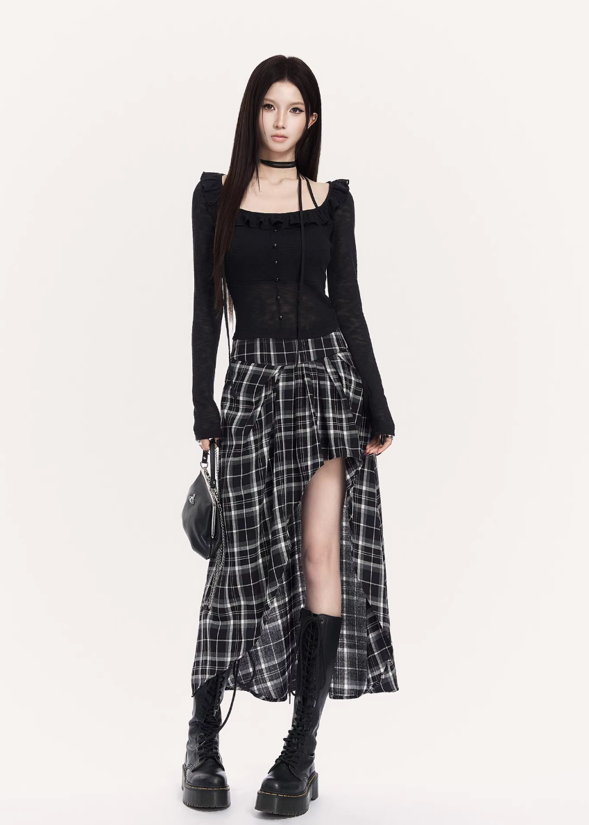 VOCK plaid maxi skirt women, urban asymmetric long skirt, minimalist black white check skirt, Korean street luxury maxi skirt, cold urban aesthetic womenswear, architectural curved hem skirt, modern Seoul street style plaid skirt, integrated shorts long skirt women, VOCK structured silhouette skirt, edgy monochrome streetwear skirt, power dressing plaid maxi outfit