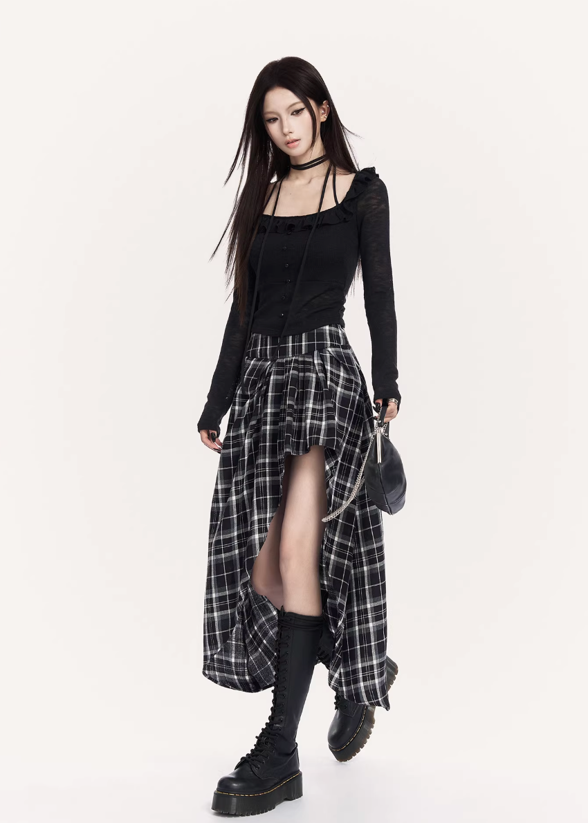 VOCK plaid maxi skirt women, urban asymmetric long skirt, minimalist black white check skirt, Korean street luxury maxi skirt, cold urban aesthetic womenswear, architectural curved hem skirt, modern Seoul street style plaid skirt, integrated shorts long skirt women, VOCK structured silhouette skirt, edgy monochrome streetwear skirt, power dressing plaid maxi outfit
