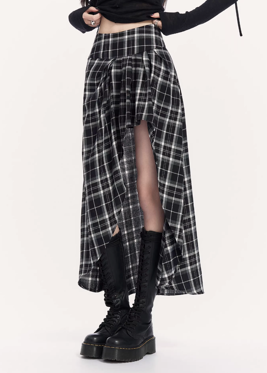 VOCK plaid maxi skirt women, urban asymmetric long skirt, minimalist black white check skirt, Korean street luxury maxi skirt, cold urban aesthetic womenswear, architectural curved hem skirt, modern Seoul street style plaid skirt, integrated shorts long skirt women, VOCK structured silhouette skirt, edgy monochrome streetwear skirt, power dressing plaid maxi outfit