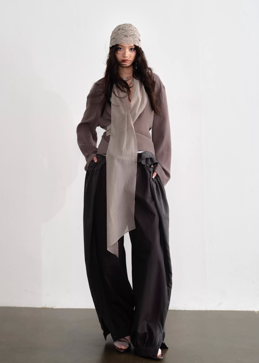 JNYLON earth tone shirt women, Korean stylish wide sleeve blouse, neutral long streamer shirt, modern Korean fashion shirt, chic natural style womenswear, long tie blouse Korean fashion, relaxed wide sleeve shirt women, trendy Korean street chic top, minimalist earth color blouse women, lightweight urban fashion shirt, Korean aesthetic long sleeve blouse, stylish neutral layering shirt