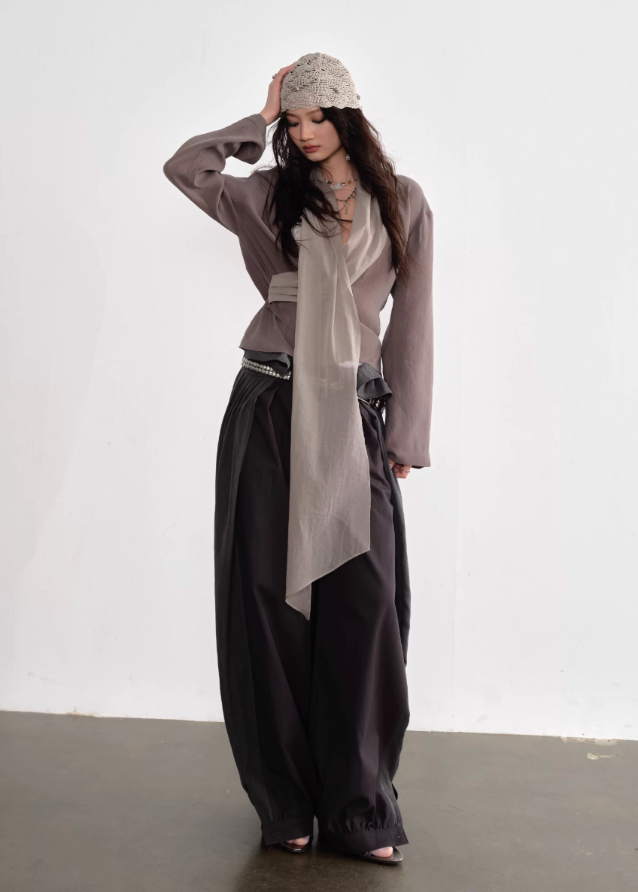 JNYLON earth tone shirt women, Korean stylish wide sleeve blouse, neutral long streamer shirt, modern Korean fashion shirt, chic natural style womenswear, long tie blouse Korean fashion, relaxed wide sleeve shirt women, trendy Korean street chic top, minimalist earth color blouse women, lightweight urban fashion shirt, Korean aesthetic long sleeve blouse, stylish neutral layering shirt