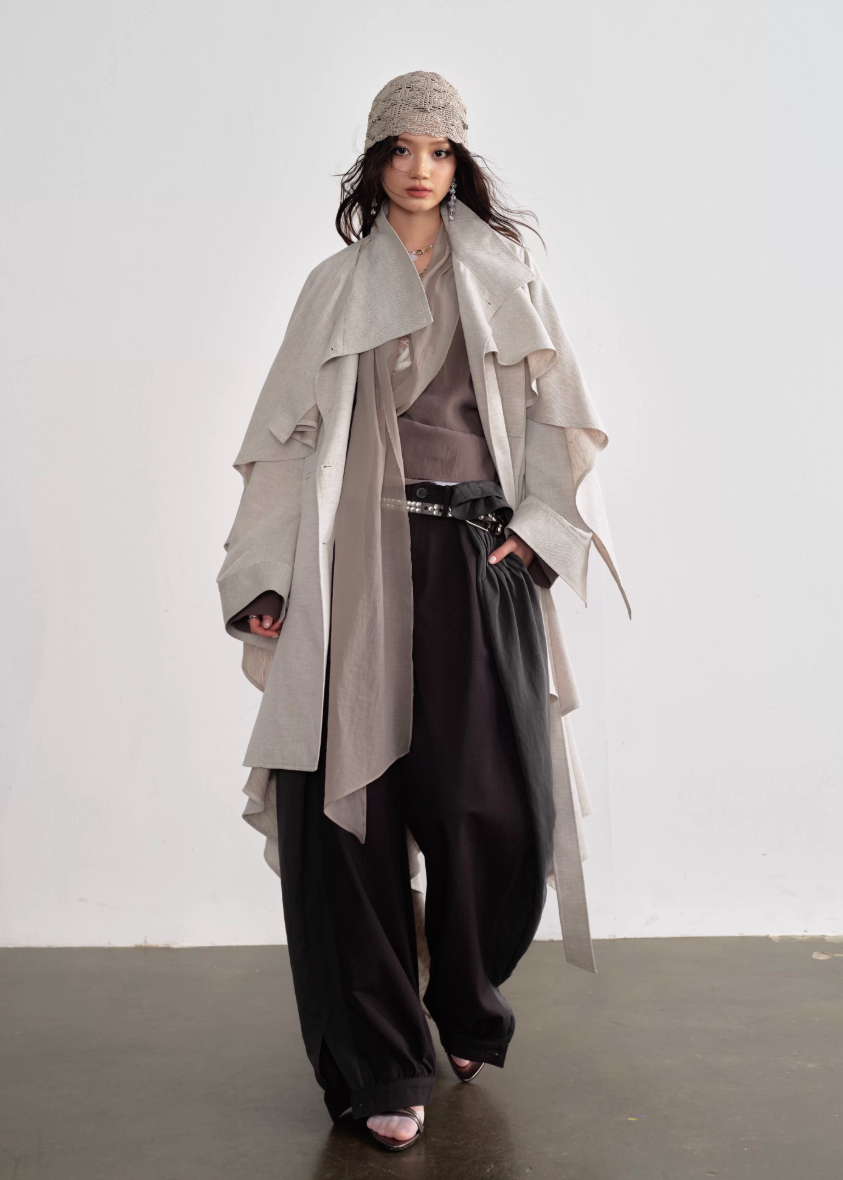 JNYLON earth tone shirt women, Korean stylish wide sleeve blouse, neutral long streamer shirt, modern Korean fashion shirt, chic natural style womenswear, long tie blouse Korean fashion, relaxed wide sleeve shirt women, trendy Korean street chic top, minimalist earth color blouse women, lightweight urban fashion shirt, Korean aesthetic long sleeve blouse, stylish neutral layering shirt