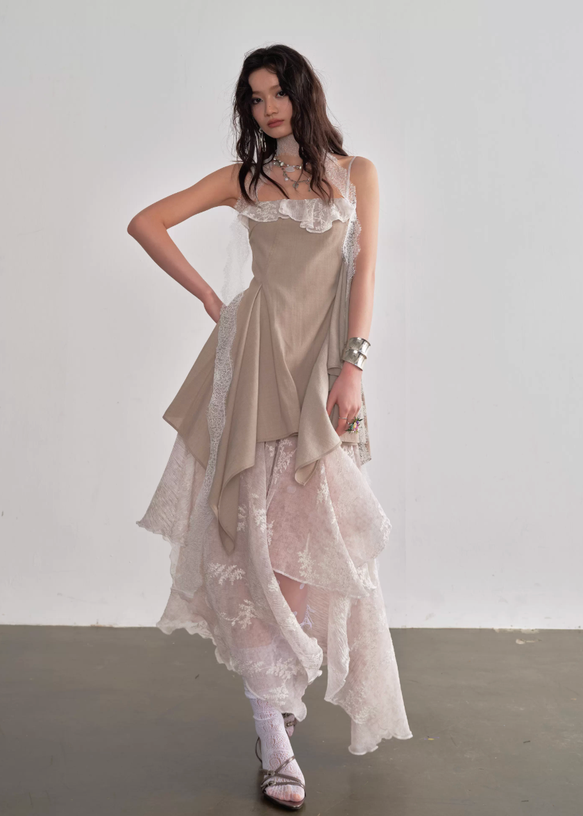 JNYLON layered sundress women, Korean romantic fairy dress, irregular embroidery slip dress, stylish Korean fashion maxi dress, natural beauty layered dress women, trendy Korean street romantic outfit, embroidered lace sundress Korean style, lightweight spring layered dress women, chic natural aesthetic dress, Korean fashion fairycore dress, modern Korean feminine sundress