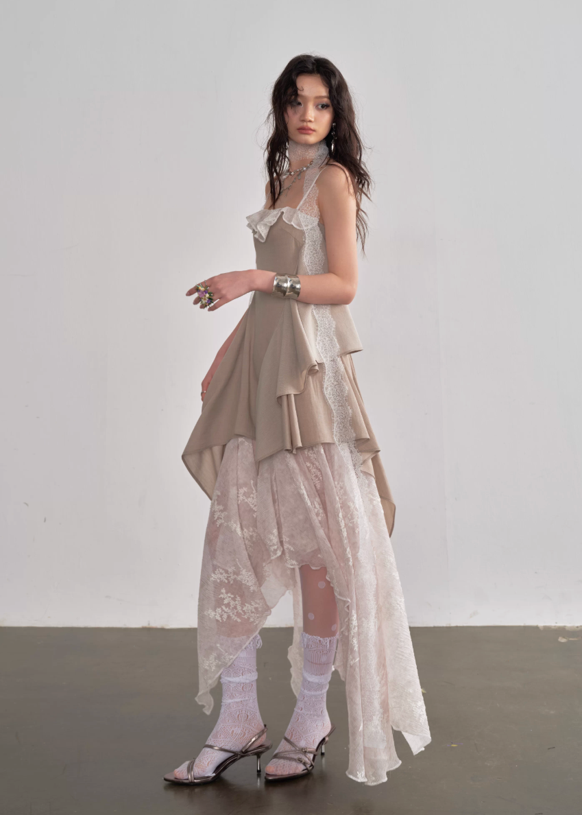 JNYLON layered sundress women, Korean romantic fairy dress, irregular embroidery slip dress, stylish Korean fashion maxi dress, natural beauty layered dress women, trendy Korean street romantic outfit, embroidered lace sundress Korean style, lightweight spring layered dress women, chic natural aesthetic dress, Korean fashion fairycore dress, modern Korean feminine sundress