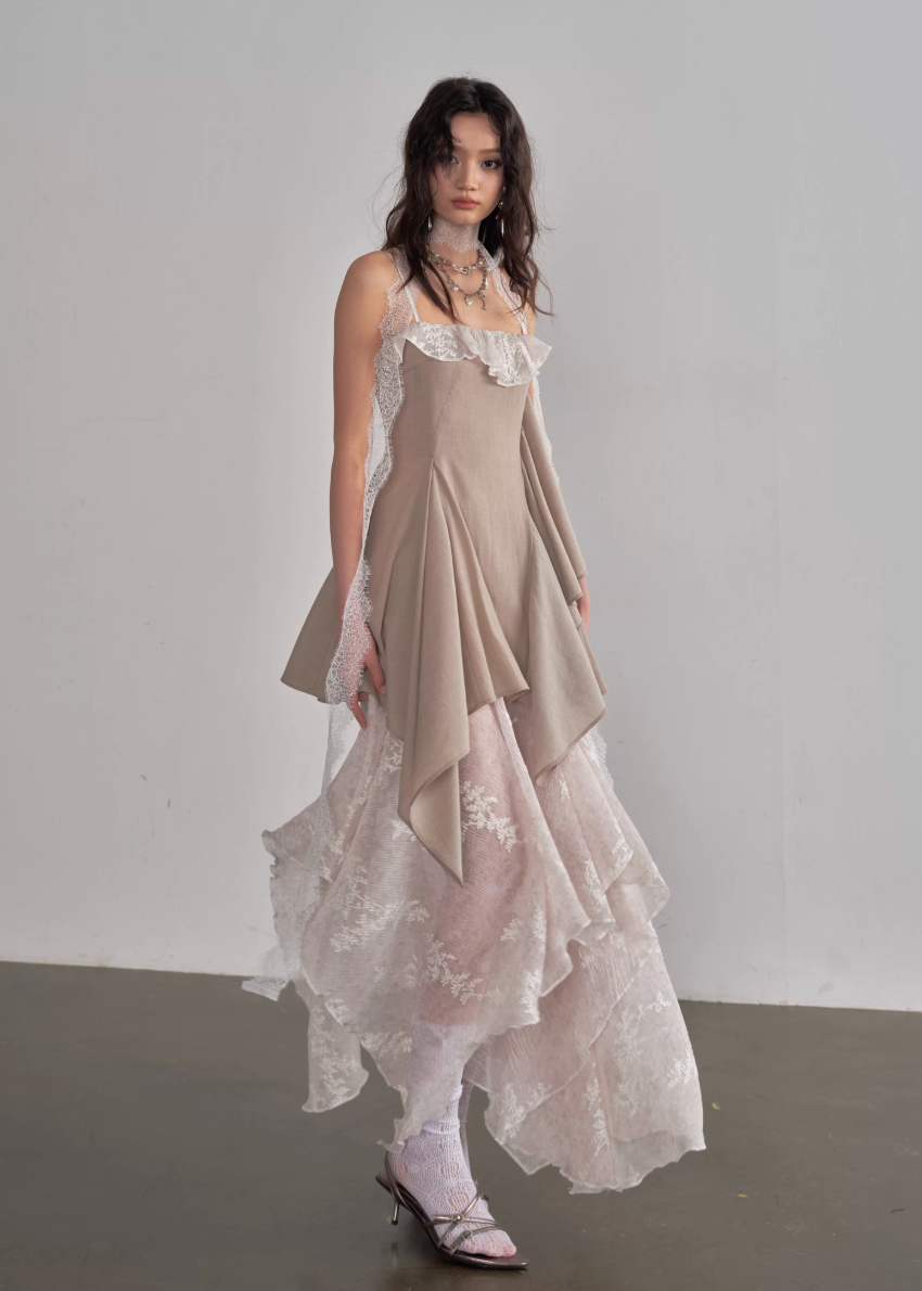 JNYLON layered sundress women, Korean romantic fairy dress, irregular embroidery slip dress, stylish Korean fashion maxi dress, natural beauty layered dress women, trendy Korean street romantic outfit, embroidered lace sundress Korean style, lightweight spring layered dress women, chic natural aesthetic dress, Korean fashion fairycore dress, modern Korean feminine sundress