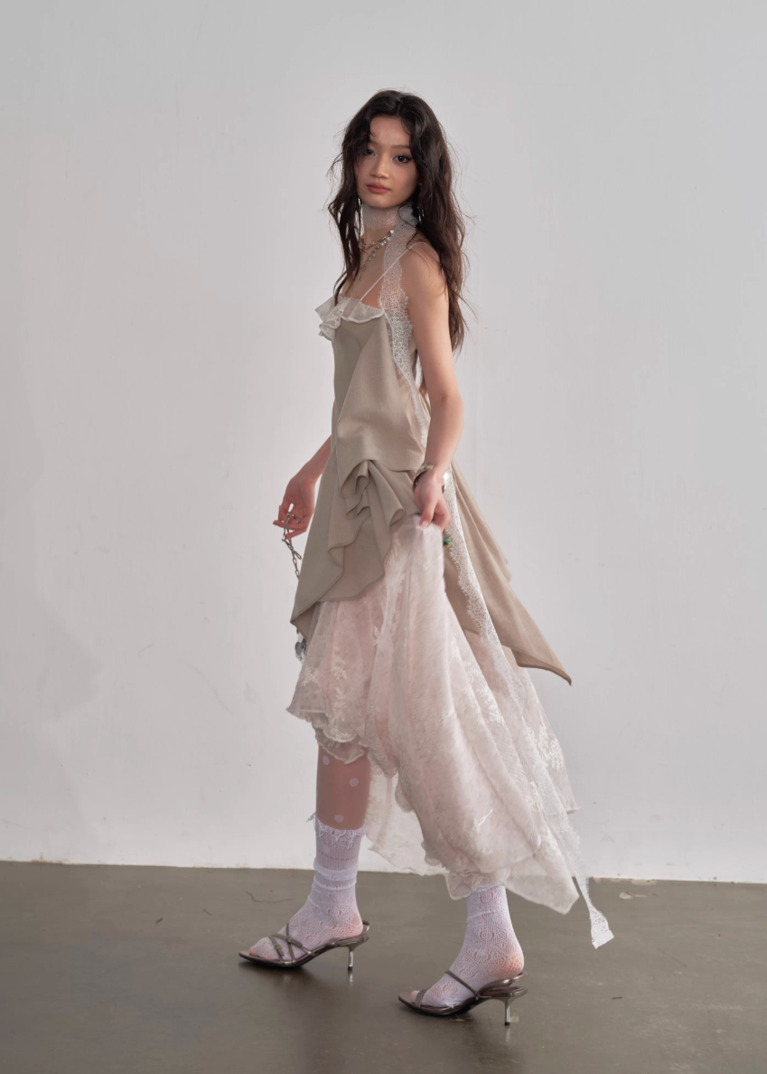 JNYLON layered sundress women, Korean romantic fairy dress, irregular embroidery slip dress, stylish Korean fashion maxi dress, natural beauty layered dress women, trendy Korean street romantic outfit, embroidered lace sundress Korean style, lightweight spring layered dress women, chic natural aesthetic dress, Korean fashion fairycore dress, modern Korean feminine sundress