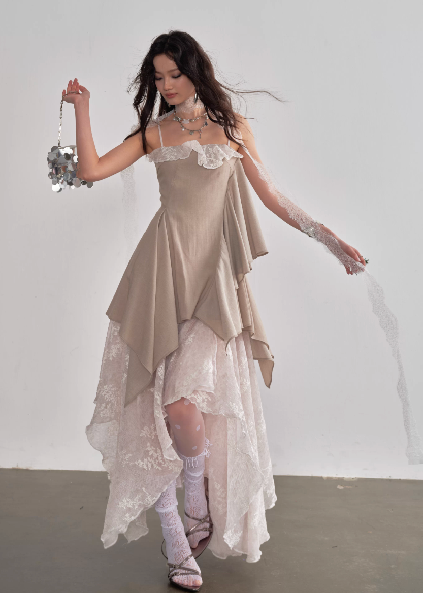 JNYLON layered sundress women, Korean romantic fairy dress, irregular embroidery slip dress, stylish Korean fashion maxi dress, natural beauty layered dress women, trendy Korean street romantic outfit, embroidered lace sundress Korean style, lightweight spring layered dress women, chic natural aesthetic dress, Korean fashion fairycore dress, modern Korean feminine sundress