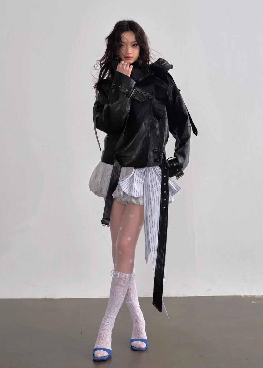 JNYLON faux leather jacket women, Korean stylish leather outerwear, stand collar PU jacket Korean fashion, edgy ruffle leather jacket women, modern Korean street chic jacket, oversized faux leather biker jacket women, trendy Korean fashion outerwear, playful structured leather jacket, chic Korean style faux leather coat, statement urban fashion jacket women