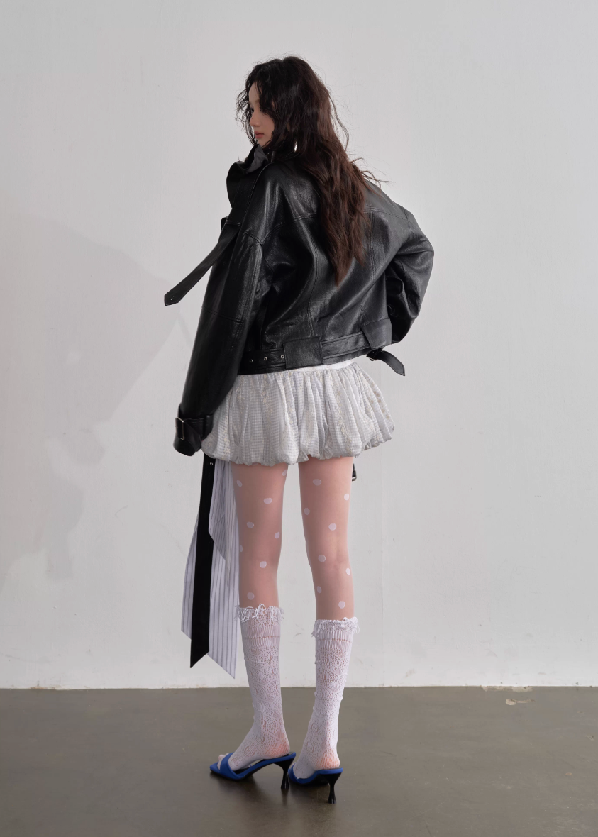 JNYLON faux leather jacket women, Korean stylish leather outerwear, stand collar PU jacket Korean fashion, edgy ruffle leather jacket women, modern Korean street chic jacket, oversized faux leather biker jacket women, trendy Korean fashion outerwear, playful structured leather jacket, chic Korean style faux leather coat, statement urban fashion jacket women