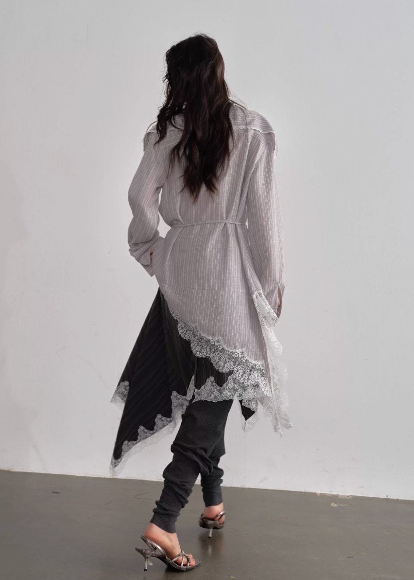 JNYLON asymmetric long shirt women, Korean stylish lace stripe blouse, modern Korean fashion long shirt, chic ruffle stripe layering piece, vintage inspired lace long blouse, trendy Korean street chic outfit, lightweight striped long shirt women, urban Korean fashion layering top, stylish oversized long blouse Korean style, lace applique long shirt women