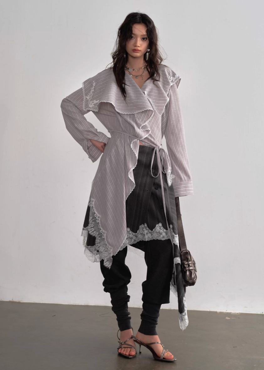 JNYLON asymmetric long shirt women, Korean stylish lace stripe blouse, modern Korean fashion long shirt, chic ruffle stripe layering piece, vintage inspired lace long blouse, trendy Korean street chic outfit, lightweight striped long shirt women, urban Korean fashion layering top, stylish oversized long blouse Korean style, lace applique long shirt women