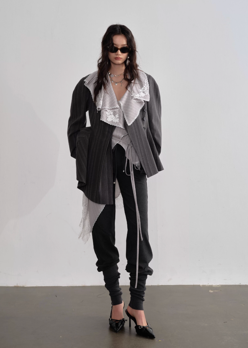 JNYLON asymmetric long shirt women, Korean stylish lace stripe blouse, modern Korean fashion long shirt, chic ruffle stripe layering piece, vintage inspired lace long blouse, trendy Korean street chic outfit, lightweight striped long shirt women, urban Korean fashion layering top, stylish oversized long blouse Korean style, lace applique long shirt women