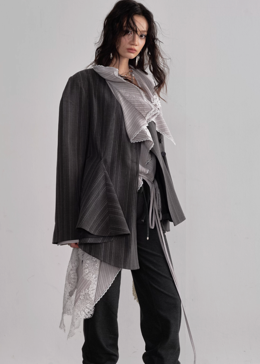 JNYLON asymmetric long shirt women, Korean stylish lace stripe blouse, modern Korean fashion long shirt, chic ruffle stripe layering piece, vintage inspired lace long blouse, trendy Korean street chic outfit, lightweight striped long shirt women, urban Korean fashion layering top, stylish oversized long blouse Korean style, lace applique long shirt women