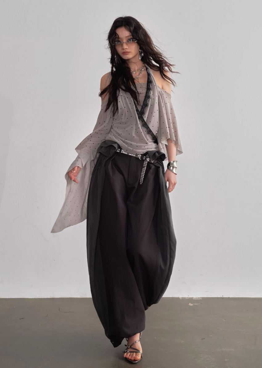 JNYLON lantern pants women, Korean stylish bubble trousers, natural style pleated pants women, modern Korean fashion wide leg pants, chic relaxed drawstring trousers, trendy Korean street chic outfit, patchwork pleated lantern pants Korean style, urban fashion wide trousers women, stylish Korean aesthetic pants, fashionable natural style relaxed trousers
