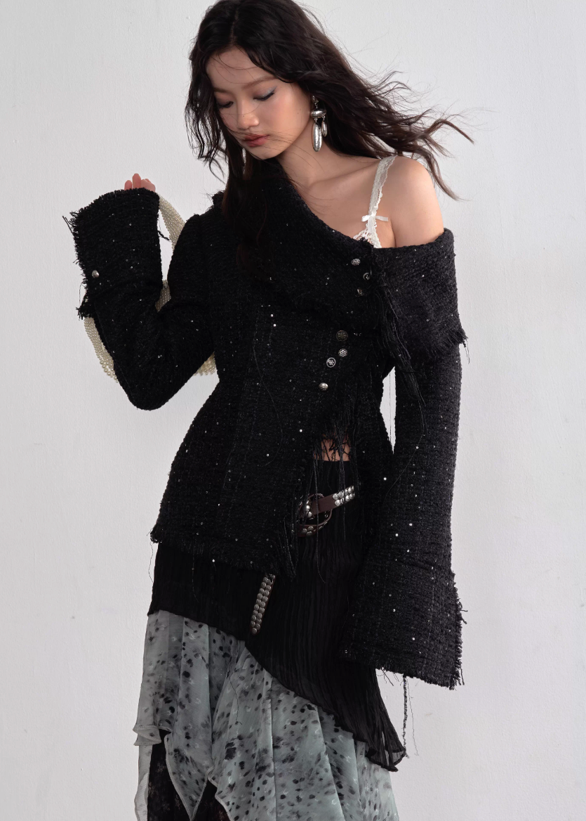 JNYLON asymmetric tweed jacket women, Korean stylish fringe jacket, modern Korean fashion artist coat, chic metal buckle jacket women, trendy Korean street chic outerwear, textured tweed style jacket Korean fashion, urban fashion fringe jacket women, stylish Korean aesthetic jacket, fashionable creative style outerwear women