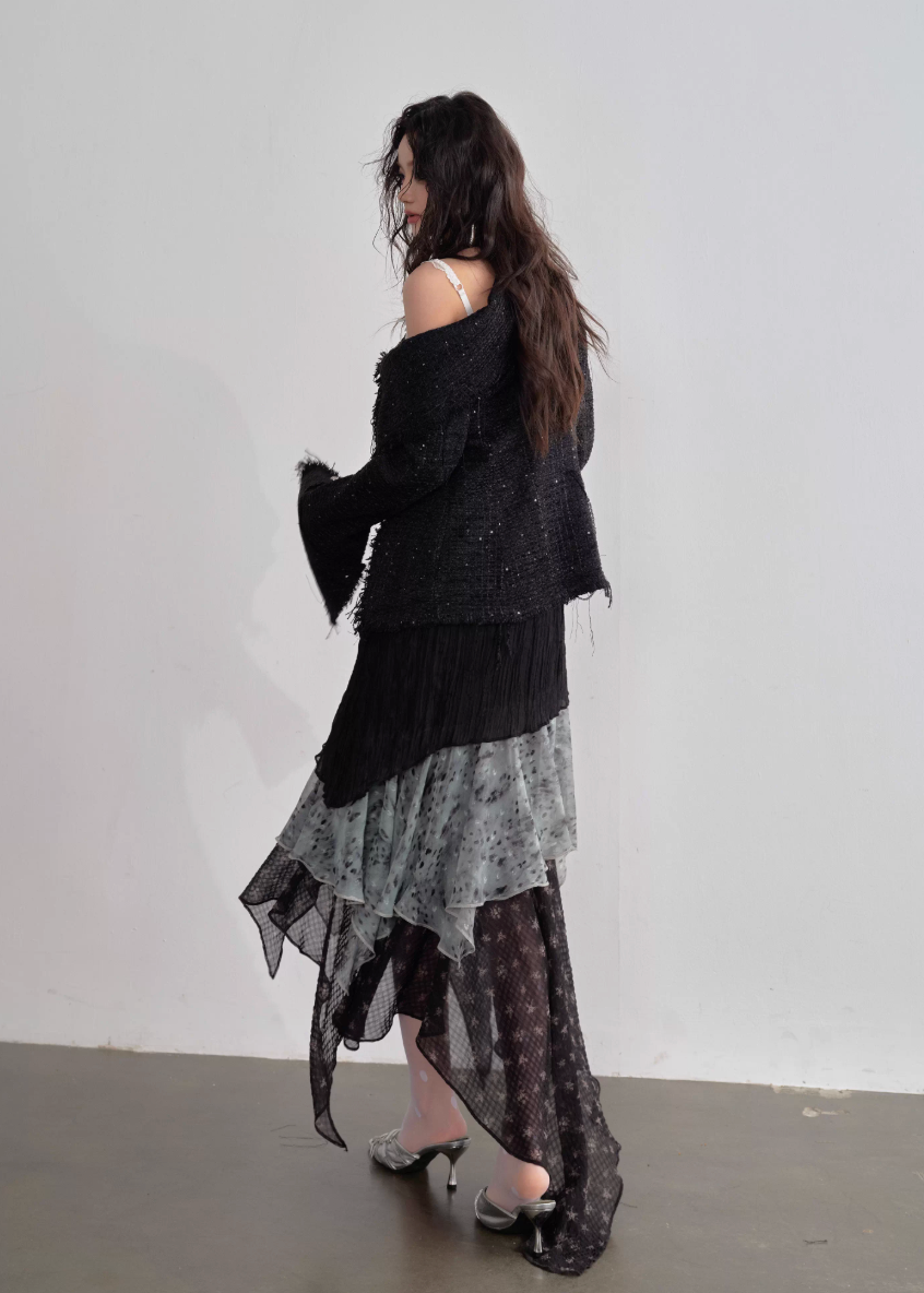 JNYLON asymmetric tweed jacket women, Korean stylish fringe jacket, modern Korean fashion artist coat, chic metal buckle jacket women, trendy Korean street chic outerwear, textured tweed style jacket Korean fashion, urban fashion fringe jacket women, stylish Korean aesthetic jacket, fashionable creative style outerwear women