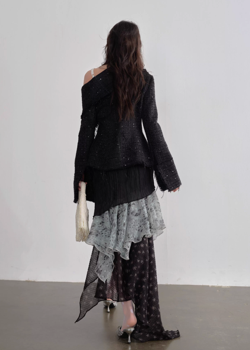 JNYLON asymmetric tweed jacket women, Korean stylish fringe jacket, modern Korean fashion artist coat, chic metal buckle jacket women, trendy Korean street chic outerwear, textured tweed style jacket Korean fashion, urban fashion fringe jacket women, stylish Korean aesthetic jacket, fashionable creative style outerwear women