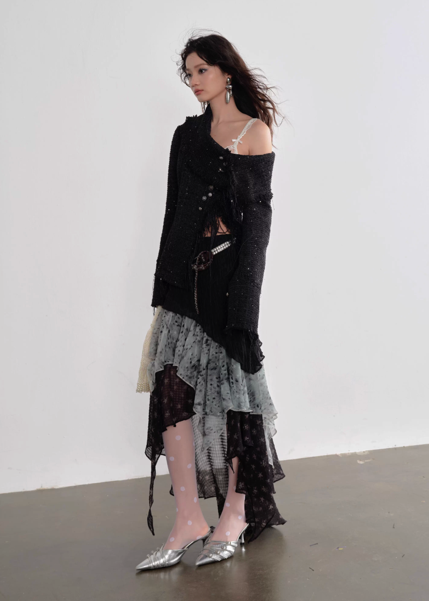 JNYLON asymmetric tweed jacket women, Korean stylish fringe jacket, modern Korean fashion artist coat, chic metal buckle jacket women, trendy Korean street chic outerwear, textured tweed style jacket Korean fashion, urban fashion fringe jacket women, stylish Korean aesthetic jacket, fashionable creative style outerwear women