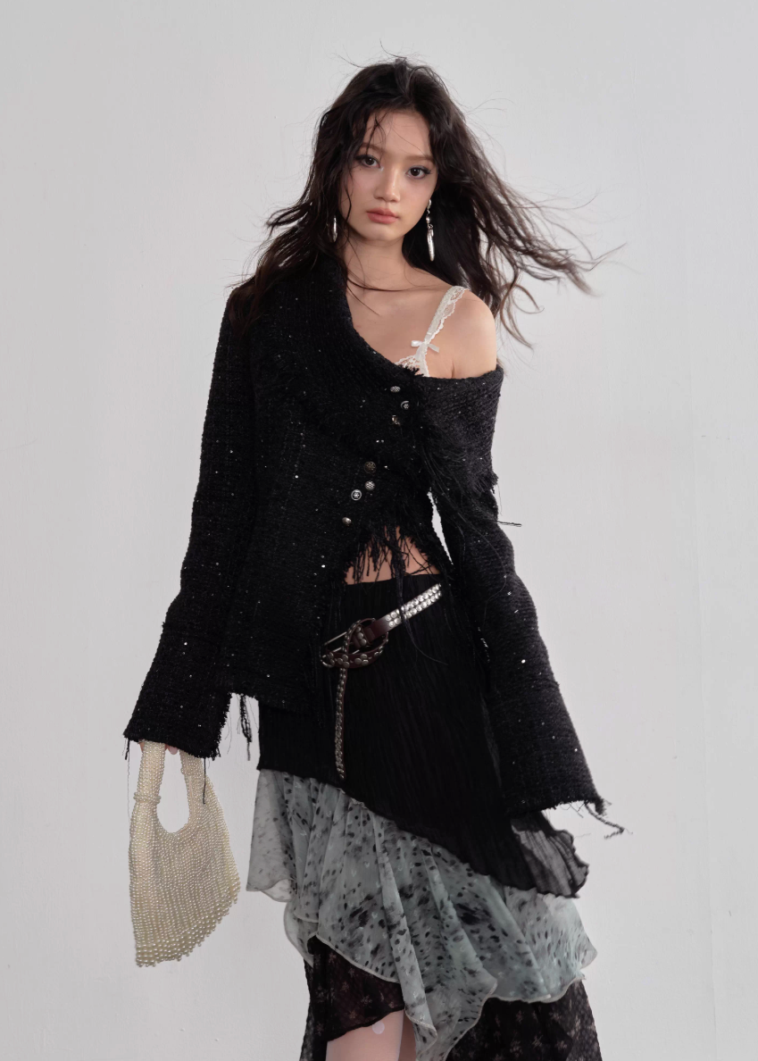 JNYLON asymmetric tweed jacket women, Korean stylish fringe jacket, modern Korean fashion artist coat, chic metal buckle jacket women, trendy Korean street chic outerwear, textured tweed style jacket Korean fashion, urban fashion fringe jacket women, stylish Korean aesthetic jacket, fashionable creative style outerwear women