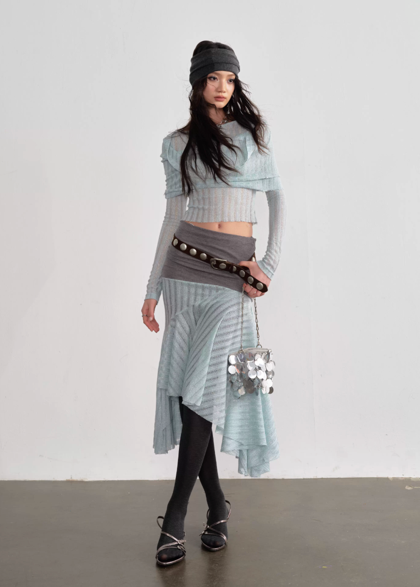 JNYLON mint layered outfit women, Korean stylish translucent knit set, modern Korean fashion irregular skirt, chic mint swing collar top, trendy Korean street chic outfit, hazy atmosphere layered set Korean style, lightweight mint fashion set women, urban fashion layered skirt outfit, stylish Korean aesthetic mint outfit, fashionable translucent knitwear women