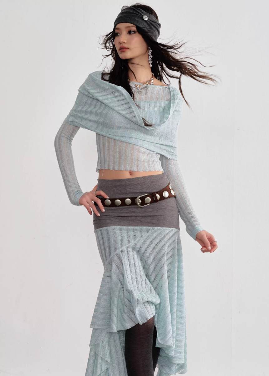 JNYLON mint layered outfit women, Korean stylish translucent knit set, modern Korean fashion irregular skirt, chic mint swing collar top, trendy Korean street chic outfit, hazy atmosphere layered set Korean style, lightweight mint fashion set women, urban fashion layered skirt outfit, stylish Korean aesthetic mint outfit, fashionable translucent knitwear women