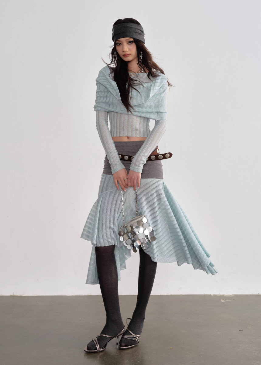 JNYLON mint layered outfit women, Korean stylish translucent knit set, modern Korean fashion irregular skirt, chic mint swing collar top, trendy Korean street chic outfit, hazy atmosphere layered set Korean style, lightweight mint fashion set women, urban fashion layered skirt outfit, stylish Korean aesthetic mint outfit, fashionable translucent knitwear women