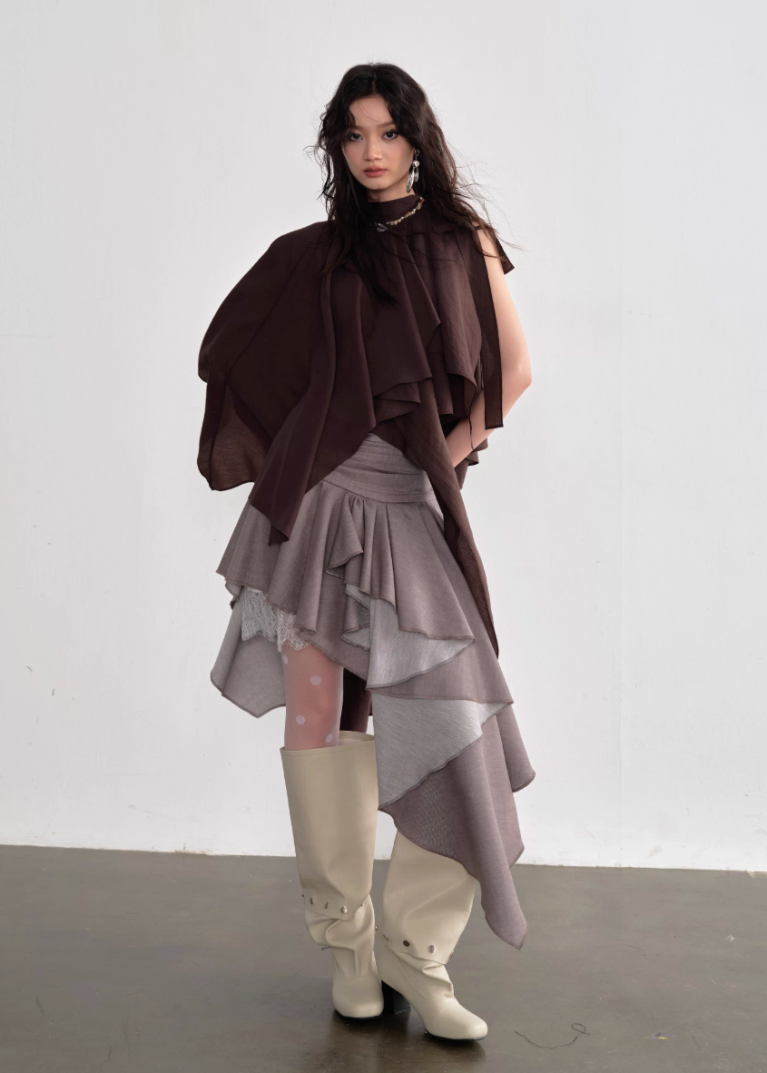 JNYLON asymmetric cape top women, Korean stylish lace up camisole, modern Korean fashion off shoulder blouse, chic layered cape top women, trendy Korean street chic outfit, natural atmosphere draped top Korean style, lightweight asymmetric fashion top women, urban fashion cape camisole, stylish Korean aesthetic blouse, fashionable layered camisole women