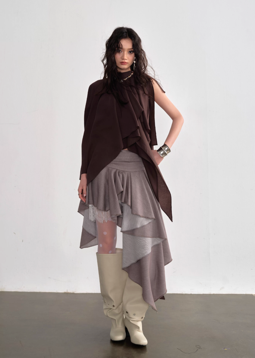 JNYLON asymmetric cape top women, Korean stylish lace up camisole, modern Korean fashion off shoulder blouse, chic layered cape top women, trendy Korean street chic outfit, natural atmosphere draped top Korean style, lightweight asymmetric fashion top women, urban fashion cape camisole, stylish Korean aesthetic blouse, fashionable layered camisole women