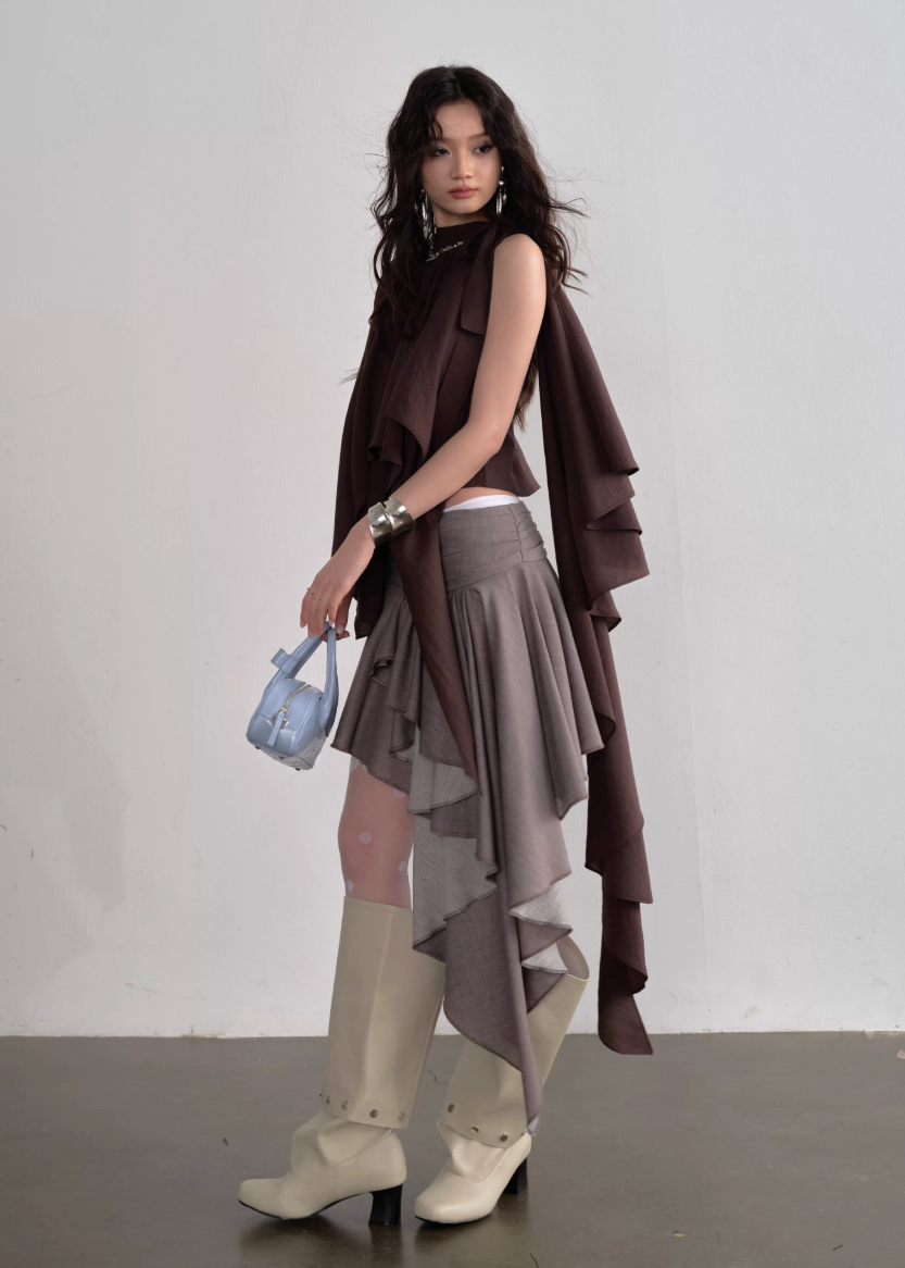 JNYLON asymmetric cape top women, Korean stylish lace up camisole, modern Korean fashion off shoulder blouse, chic layered cape top women, trendy Korean street chic outfit, natural atmosphere draped top Korean style, lightweight asymmetric fashion top women, urban fashion cape camisole, stylish Korean aesthetic blouse, fashionable layered camisole women