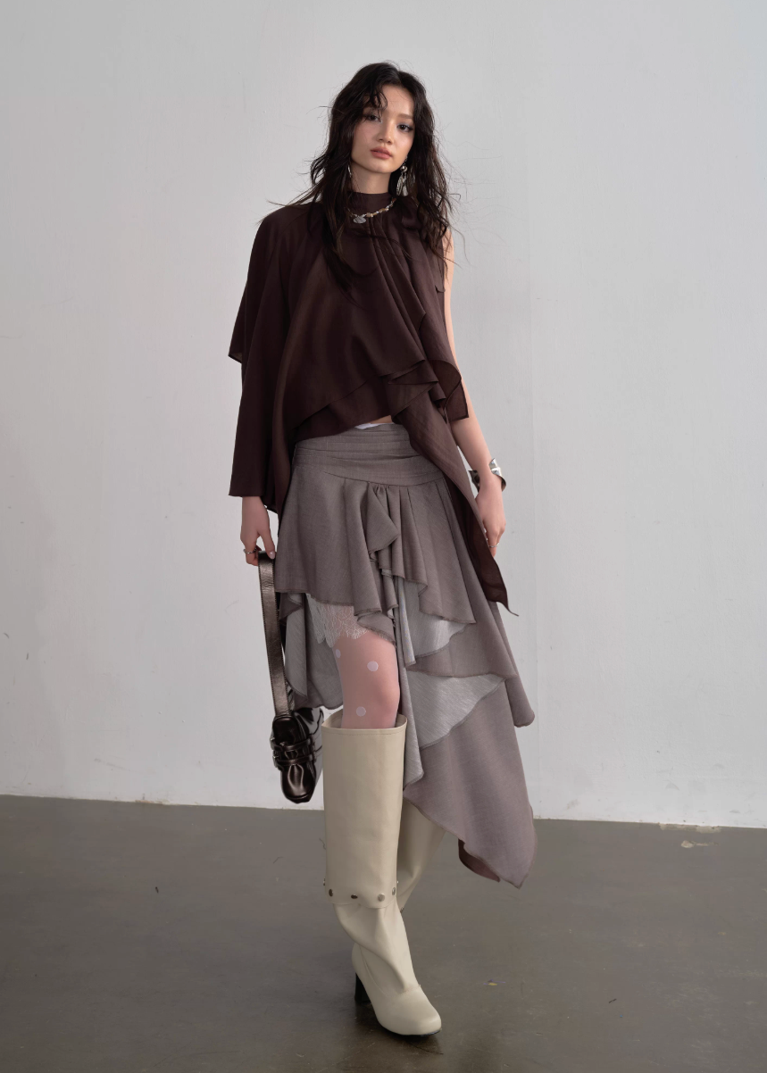 JNYLON asymmetric cape top women, Korean stylish lace up camisole, modern Korean fashion off shoulder blouse, chic layered cape top women, trendy Korean street chic outfit, natural atmosphere draped top Korean style, lightweight asymmetric fashion top women, urban fashion cape camisole, stylish Korean aesthetic blouse, fashionable layered camisole women