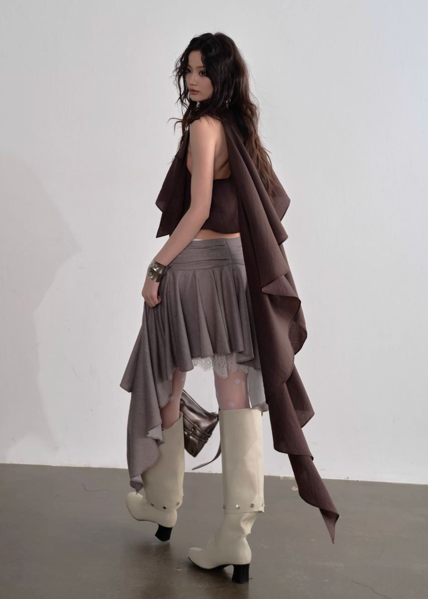 JNYLON asymmetric cape top women, Korean stylish lace up camisole, modern Korean fashion off shoulder blouse, chic layered cape top women, trendy Korean street chic outfit, natural atmosphere draped top Korean style, lightweight asymmetric fashion top women, urban fashion cape camisole, stylish Korean aesthetic blouse, fashionable layered camisole women