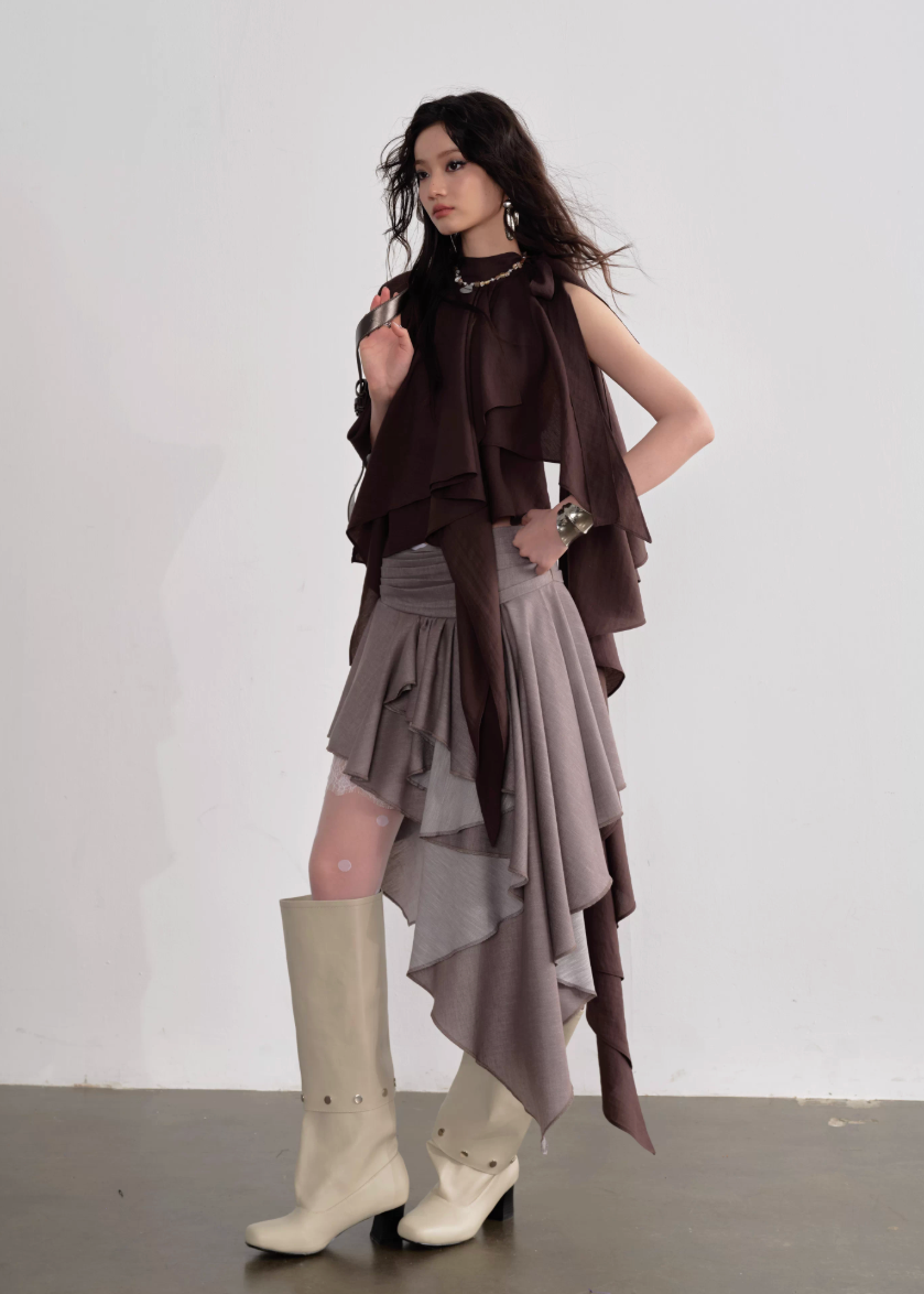 JNYLON asymmetric cape top women, Korean stylish lace up camisole, modern Korean fashion off shoulder blouse, chic layered cape top women, trendy Korean street chic outfit, natural atmosphere draped top Korean style, lightweight asymmetric fashion top women, urban fashion cape camisole, stylish Korean aesthetic blouse, fashionable layered camisole women