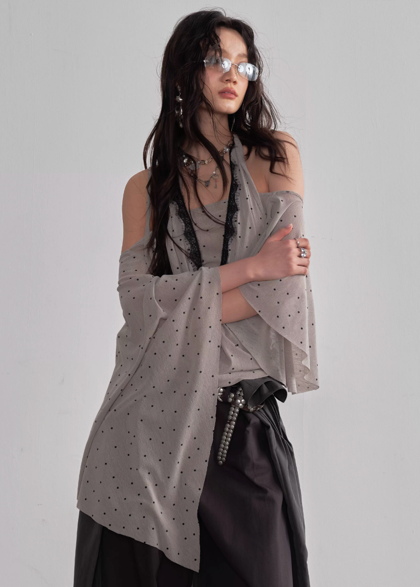 JNYLON halter shawl top women, Korean stylish asymmetric blouse, retro romantic polka dot top, modern Korean fashion halter top, chic draped shawl sleeve blouse, trendy Korean street chic outfit, lightweight chiffon halter blouse women, stylish layered halter top Korean style, urban fashion shawl sleeve top, fashionable Korean asymmetric blouse