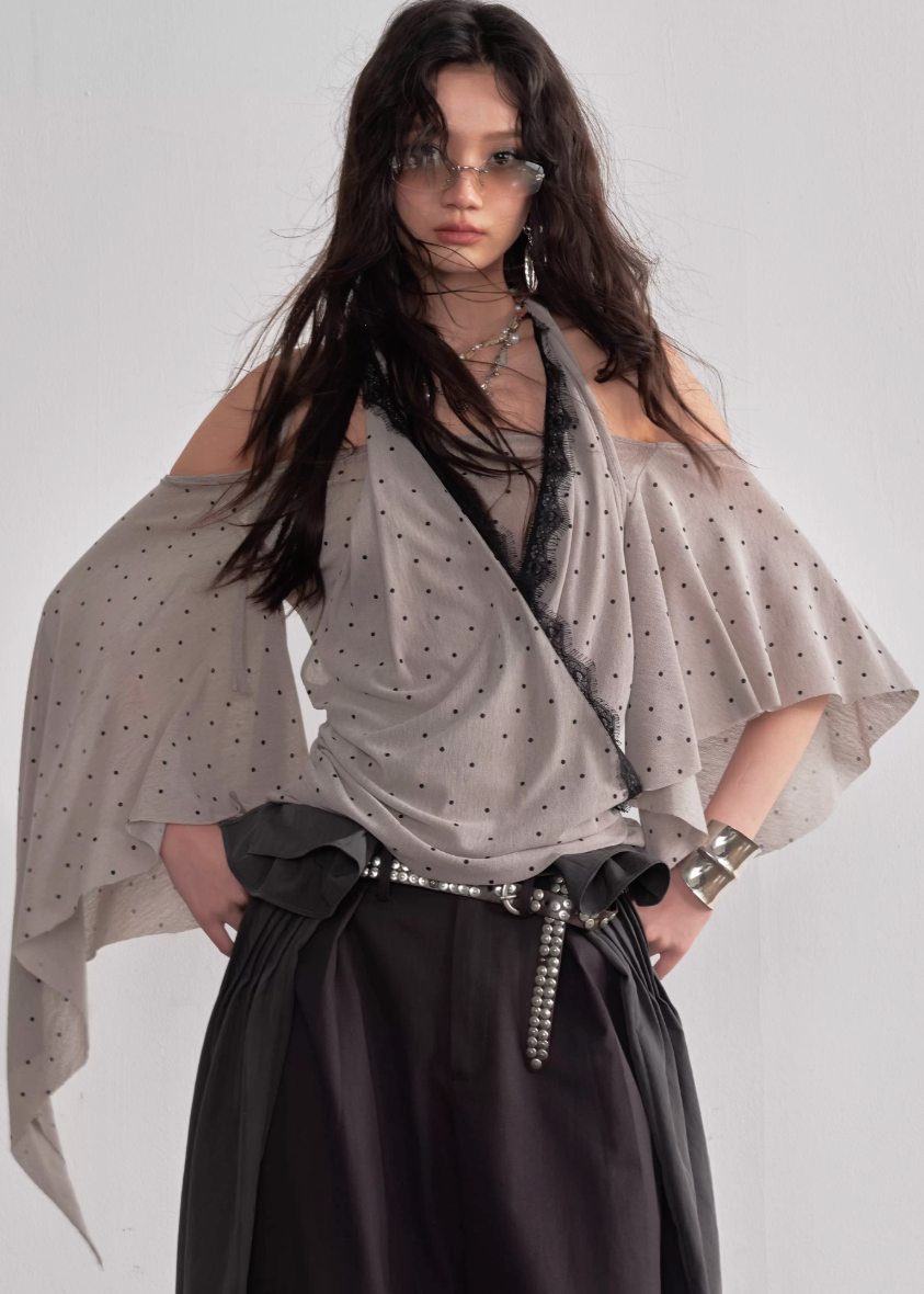 JNYLON halter shawl top women, Korean stylish asymmetric blouse, retro romantic polka dot top, modern Korean fashion halter top, chic draped shawl sleeve blouse, trendy Korean street chic outfit, lightweight chiffon halter blouse women, stylish layered halter top Korean style, urban fashion shawl sleeve top, fashionable Korean asymmetric blouse