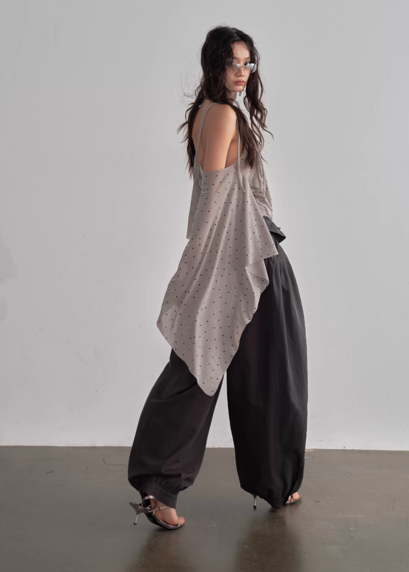 JNYLON halter shawl top women, Korean stylish asymmetric blouse, retro romantic polka dot top, modern Korean fashion halter top, chic draped shawl sleeve blouse, trendy Korean street chic outfit, lightweight chiffon halter blouse women, stylish layered halter top Korean style, urban fashion shawl sleeve top, fashionable Korean asymmetric blouse