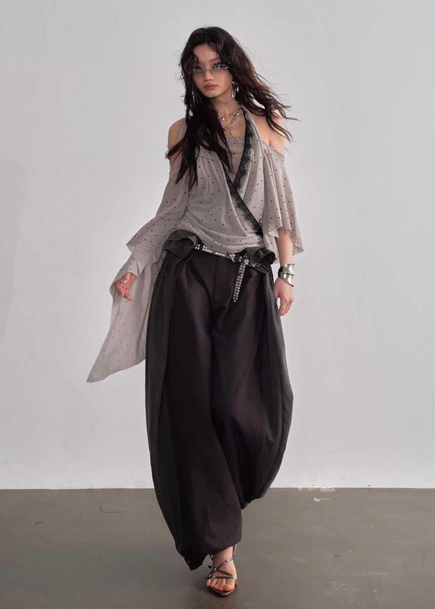 JNYLON halter shawl top women, Korean stylish asymmetric blouse, retro romantic polka dot top, modern Korean fashion halter top, chic draped shawl sleeve blouse, trendy Korean street chic outfit, lightweight chiffon halter blouse women, stylish layered halter top Korean style, urban fashion shawl sleeve top, fashionable Korean asymmetric blouse