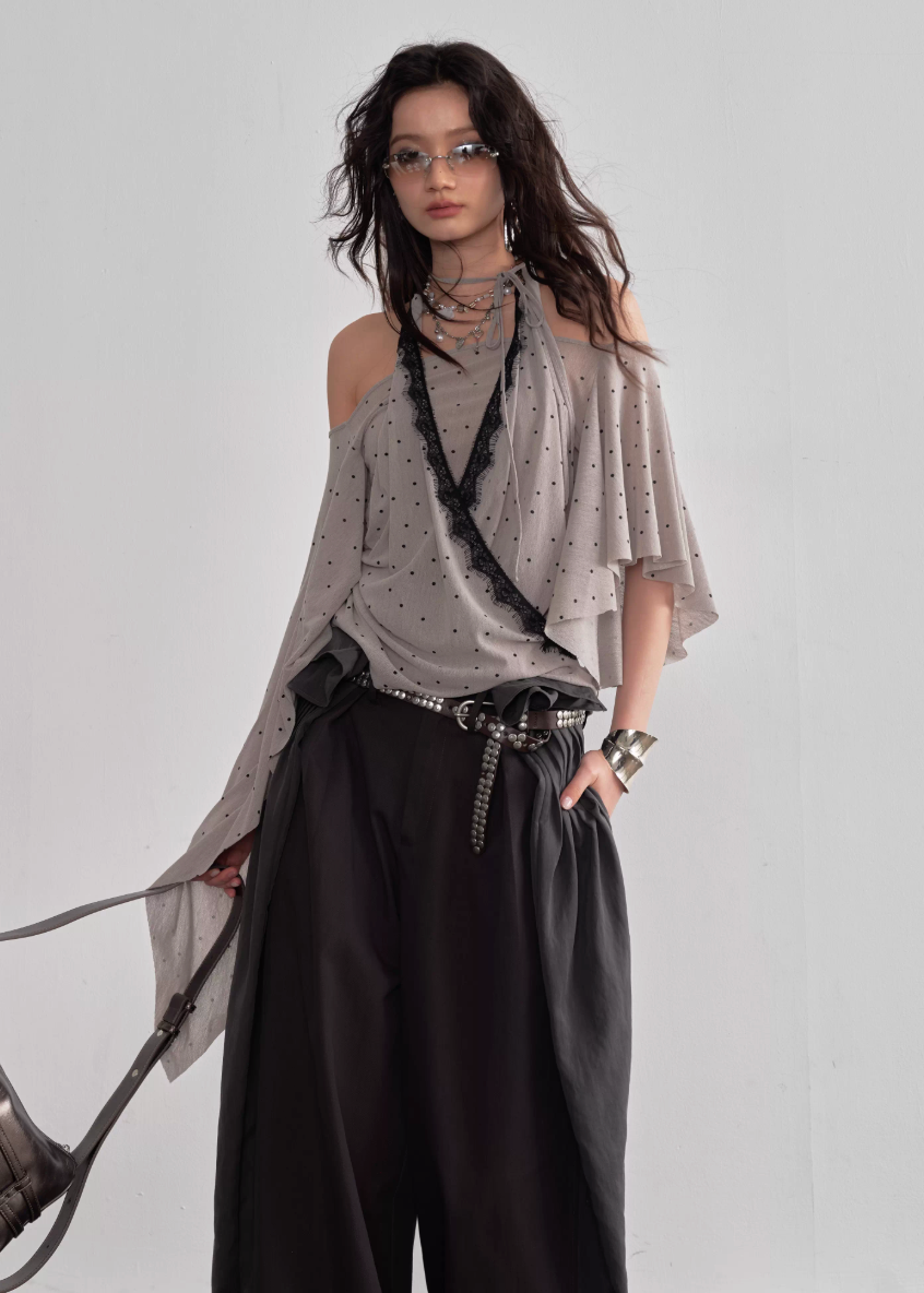 JNYLON halter shawl top women, Korean stylish asymmetric blouse, retro romantic polka dot top, modern Korean fashion halter top, chic draped shawl sleeve blouse, trendy Korean street chic outfit, lightweight chiffon halter blouse women, stylish layered halter top Korean style, urban fashion shawl sleeve top, fashionable Korean asymmetric blouse