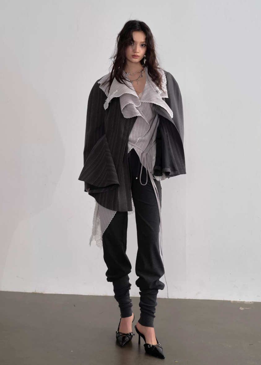 JNYLON asymmetric gray blazer women, Korean stylish tailored jacket, modern Korean fashion blazer, chic striped silhouette blazer, trendy Korean street chic outerwear, oversized gray blazer Korean style, urban fashion layering jacket women, stylish asymmetric tailored coat, minimalist Korean fashion blazer women, contemporary Korean blazer outfit