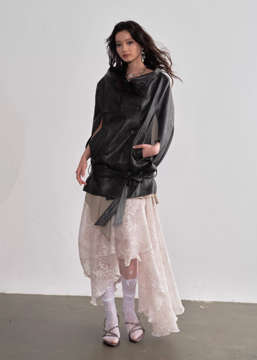 JNYLON faux leather cape jacket women, Korean stylish PU shawl jacket, modern Korean fashion cape coat, chic vintage faux leather outerwear, trendy Korean street chic jacket, oversized leather cape women, urban fashion layering PU jacket, stylish Korean fashion shawl coat, vintage romantic leather cape top women